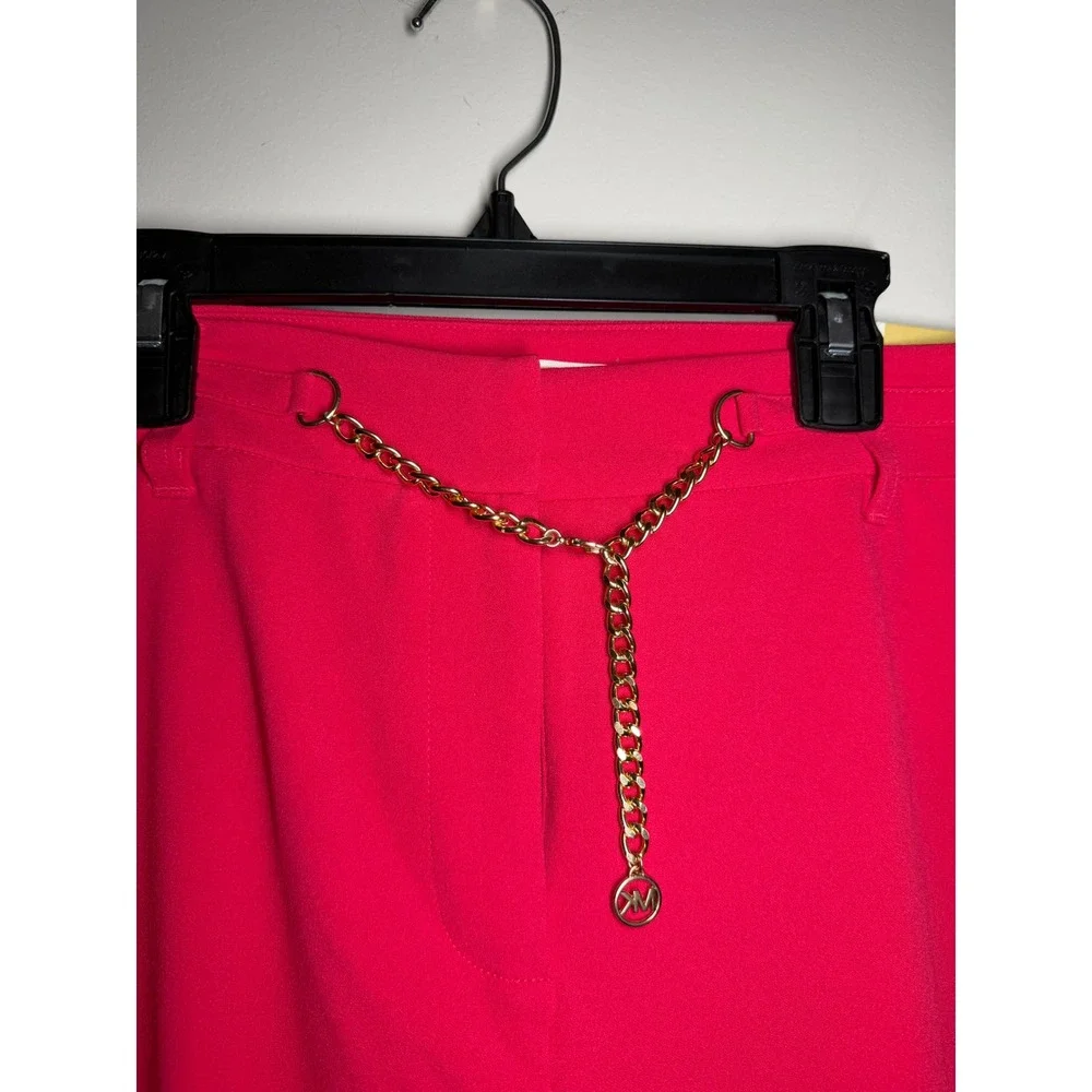 Michael Kors Deep Pink High-Rise Straight Ankle Pants with Gold Chain Detail 8